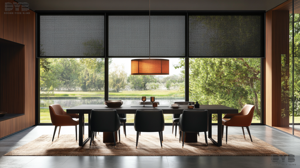 A casual dining room in West Palm Beach, FL, showcasing a large window with Blackout Roller Shades.