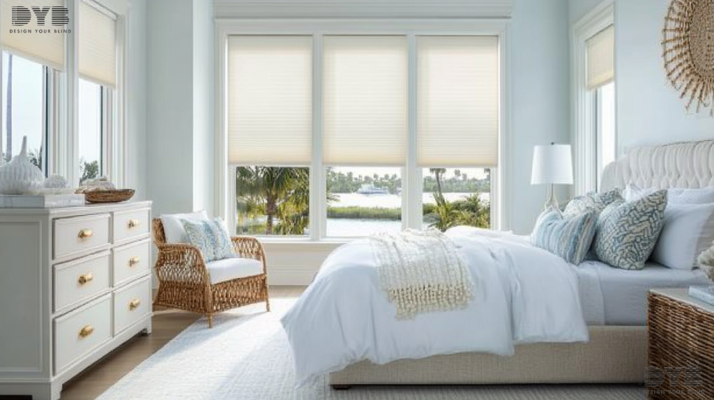 A bright and airy guest bedroom in West Palm Beach, FL, showcasing a large window with Blackout Roller Shades.