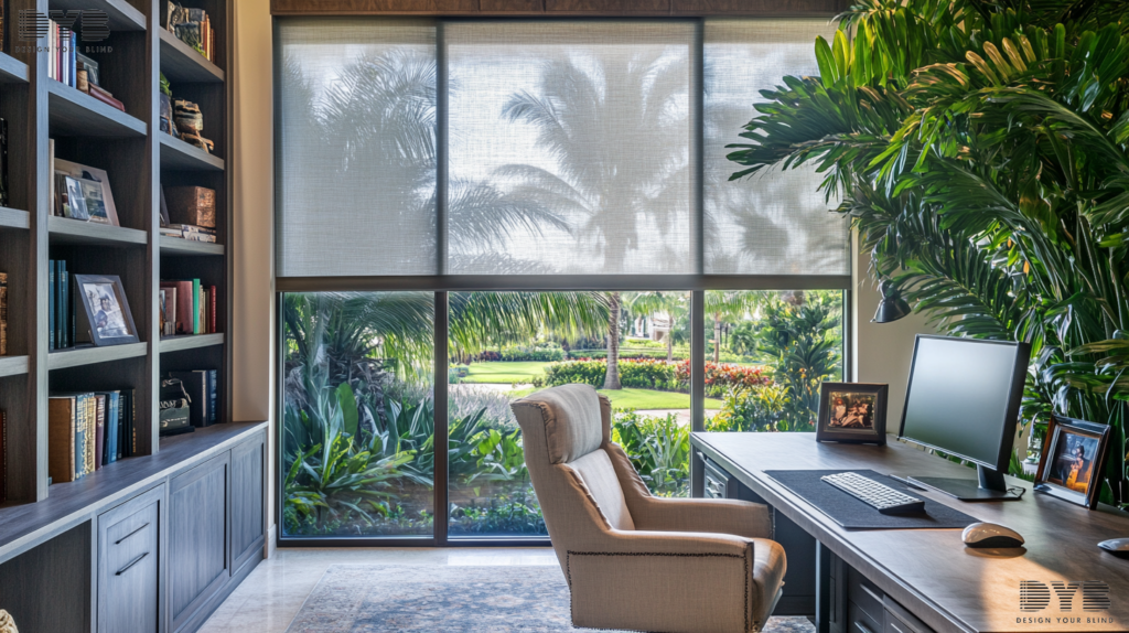 A transitional-style home office in West Palm Beach, FL, with a desk, chair, and bookshelf from Crate & Barrel, featuring Roller Shades and a garden view.