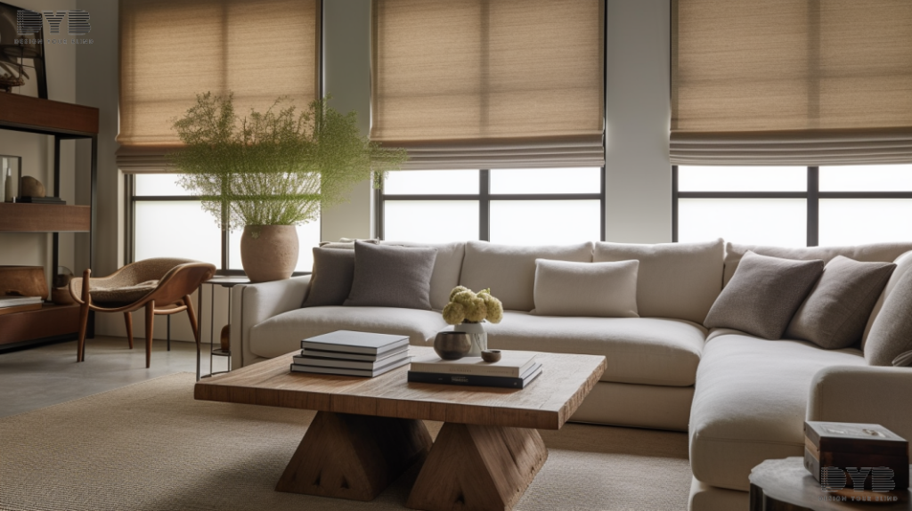 Close-up of Blackout Roller Shades in a Farmhouse Modern living room in West Palm Beach, FL.