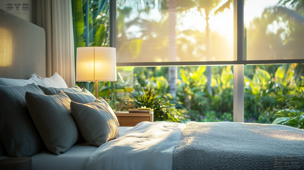 A master bedroom with Roller Shades in West Palm Beach, FL, featuring a modern design, a lush garden view, and a sleek nightstand from Williams Sonoma.