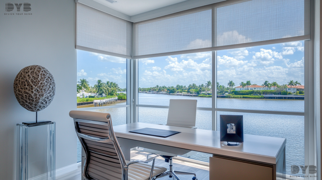 Zebra Shades in a minimalist home office overlooking the Intercoastal Waterway in Boynton Beach, FL