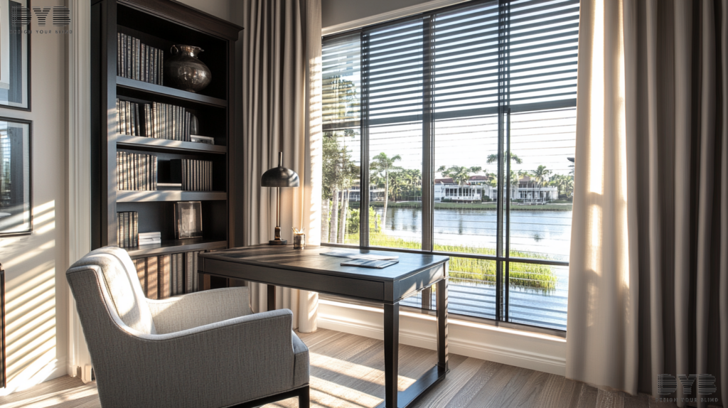 Blackout curtains in a Parkland home office with a view of the Intercoastal Waterway