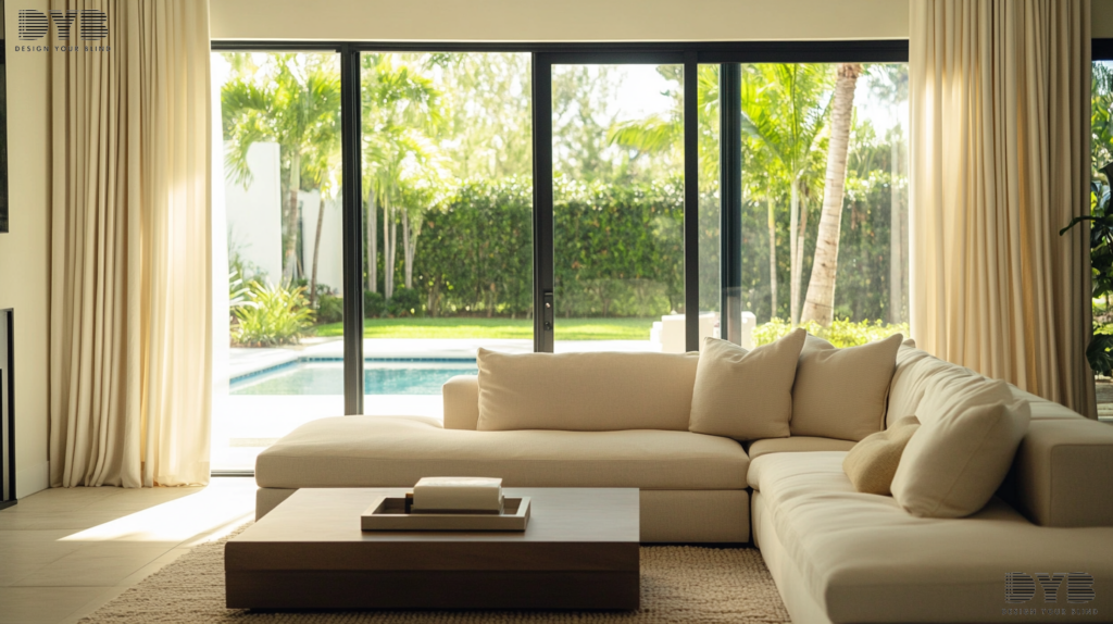 Blackout curtains in a Parkland living room with a view of a backyard pool