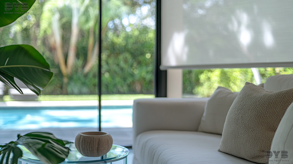 Close-up of blackout roller shades in Boynton Beach, FL, partially closed, revealing a pool and backyard.