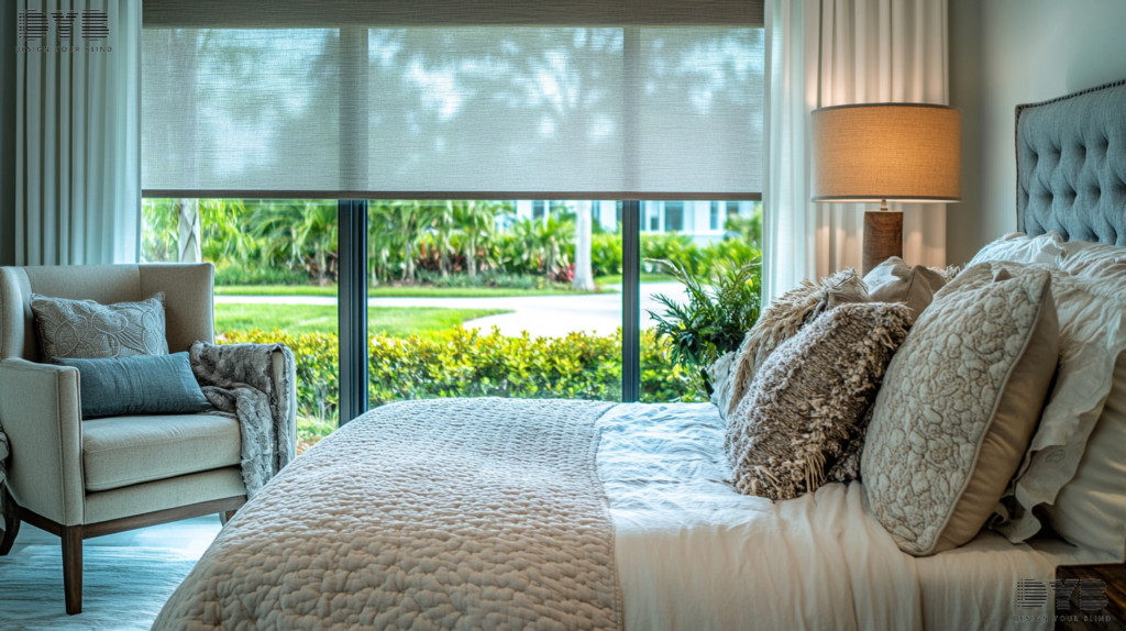 Guest bedroom in Boynton Beach, FL with blackout roller shades, farmhouse modern decor, and a view of the backyard.