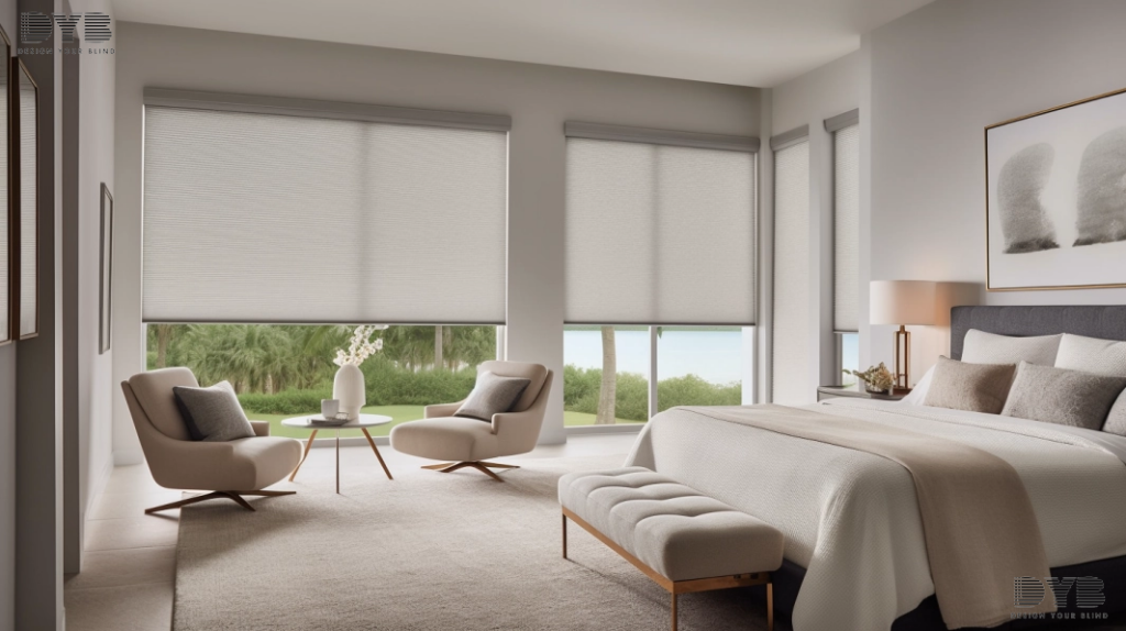 Guest bedroom in Boynton Beach, FL, with minimalist decor and Roller Shades overlooking a lake