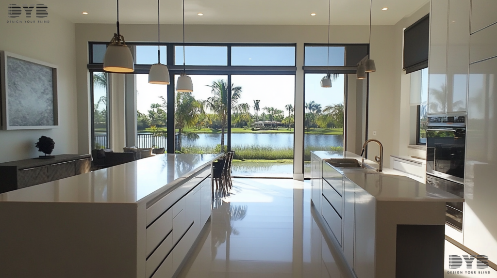 Modern kitchen in Boynton Beach, FL with blackout roller shades, sleek white cabinets, stainless steel island, and a view of the lake.