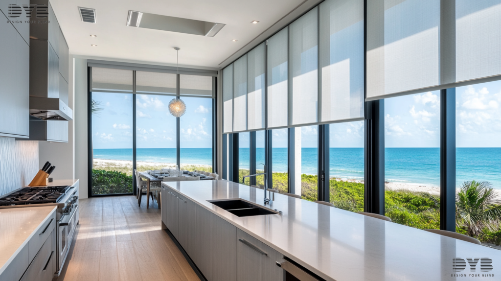 Modern kitchen in Boynton Beach, FL, with Roller Shades and ocean views
