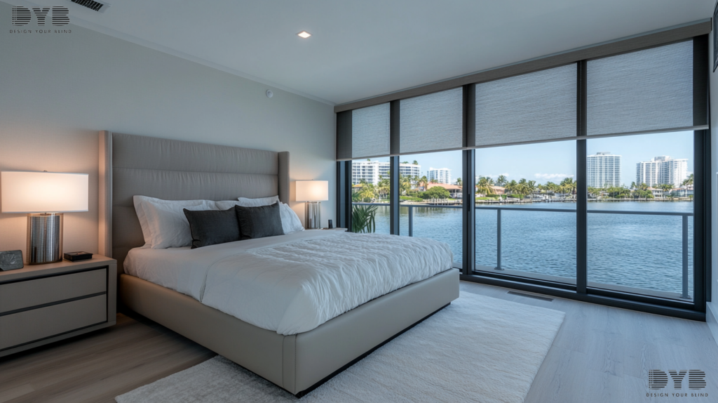 Master bedroom in Boynton Beach, FL with blackout roller shades, king-sized bed, and view of Intercoastal Waterway.