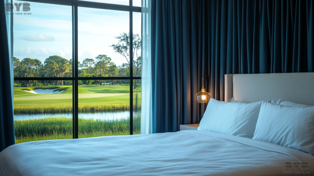 Blackout curtains in a Parkland guest bedroom with a golf course view