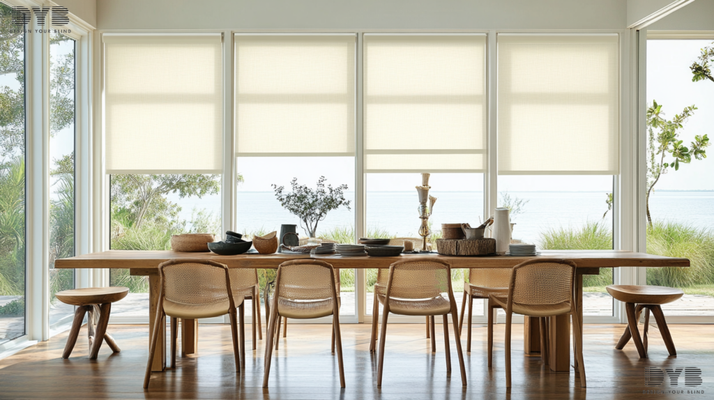 Farmhouse dining room in Boynton Beach, FL, with Roller Shades and a view of the Intercoastal Waterway