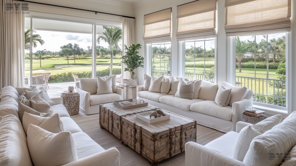 Living Room in Lighthouse Point, Florida, with Zebra Shades and a golf course view