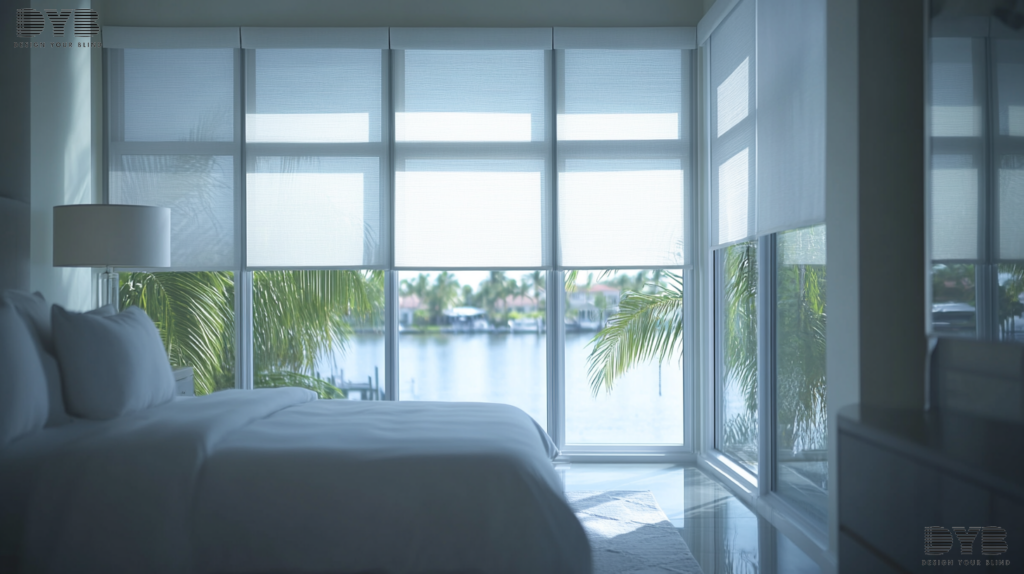 Bedroom in Lighthouse Point, Florida, with Zebra Shades and an Intercoastal Waterway view