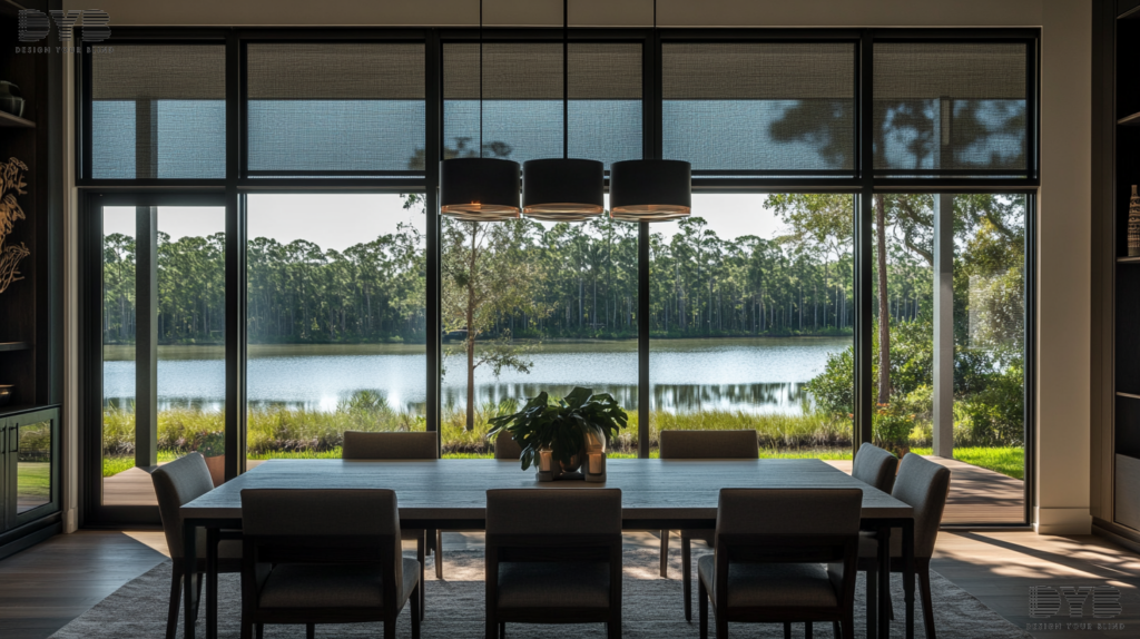 Dining Room in Lighthouse Point, Florida, with Zebra Shades and a lake view