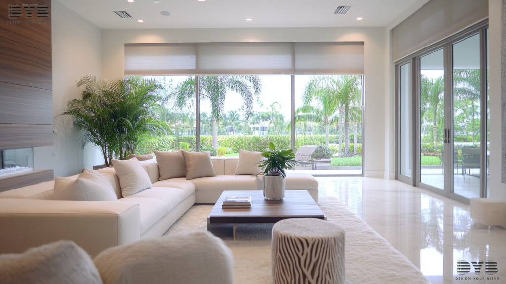 Formal Living Room in Lighthouse Point, Florida, with Zebra Shades and a garden view