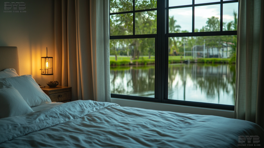 Blackout curtains in a minimalist guest bedroom in Parkland with a canal view