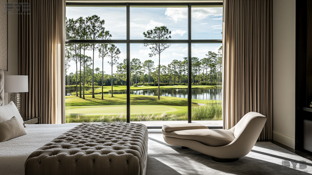 Blackout curtains in a Parkland master bedroom with a golf course view