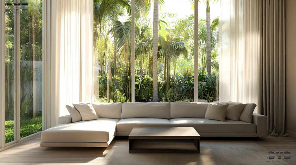 A modern family room in West Palm Beach, Florida with sheer curtains, a sectional sofa, and a coffee table.