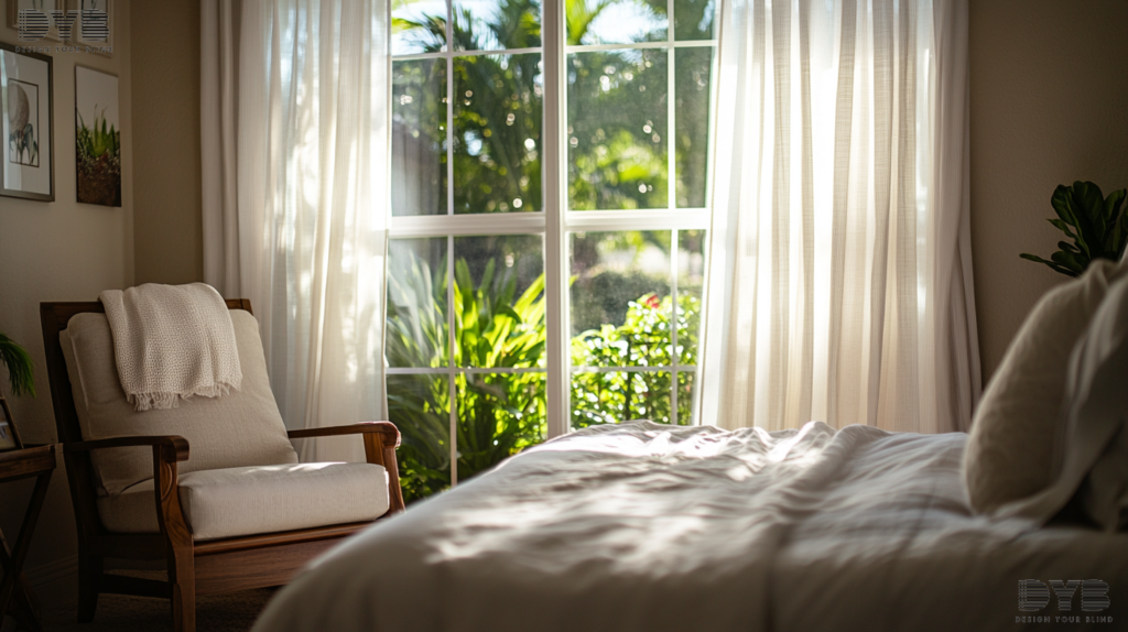 A farmhouse modern guest bedroom in West Palm Beach, Florida with sheer curtains, a plush bed, and a backyard view.