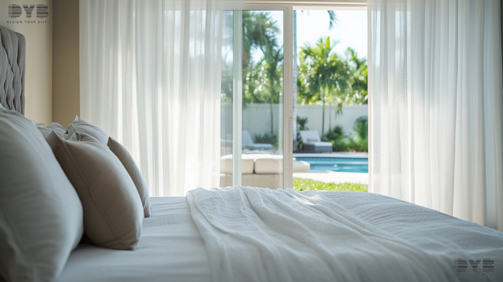 A master bedroom in West Palm Beach, Florida with sheer curtains, a king-sized bed, and a pool view.