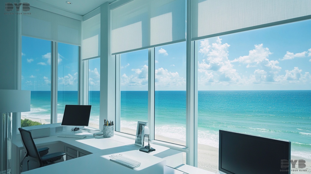 Home office in Boynton Beach, FL, with Roller Shades and ocean views