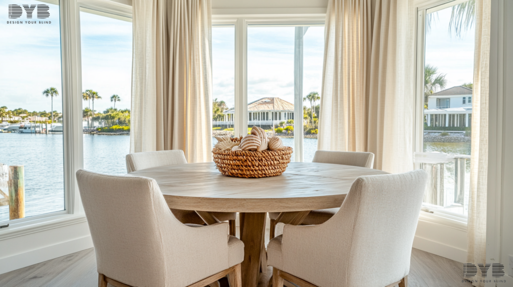 Casual dining room in Lighthouse Point, FL, with blackout curtains, a round dining table, and a woven basket.