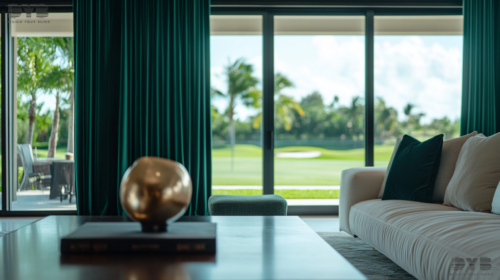 Modern living room in Lighthouse Point, FL, with blackout curtains, a sofa, and a coffee table with a sculpture.
