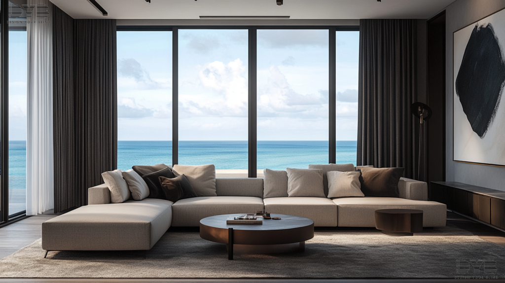 Urban Modern family room in Lighthouse Point, FL, with blackout curtains, a sectional sofa, and a coffee table.