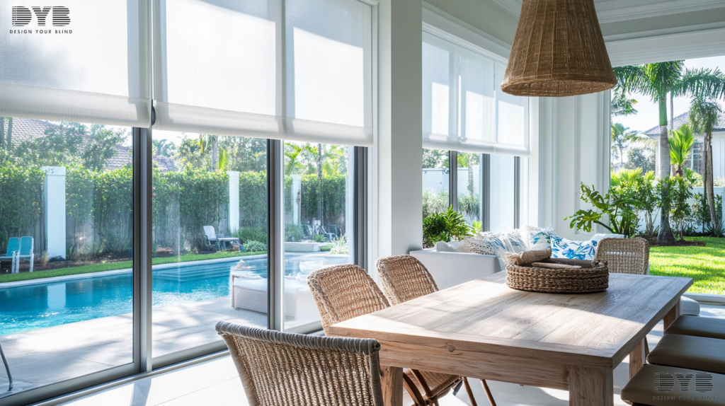 A dining room in Palm Beach Gardens, Florida, featuring Zebra Shades, a perfect blend of style and function.