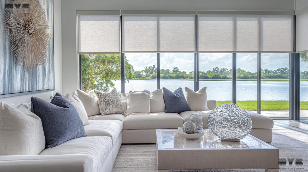 A Coastal living room in Parkland with Roller Shades and a view of a lake