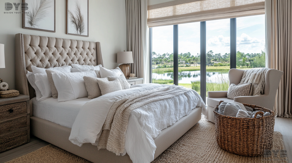 A Farmhouse Modern guest bedroom in Parkland with a view of the Intercoastal Waterway and Roller Shades