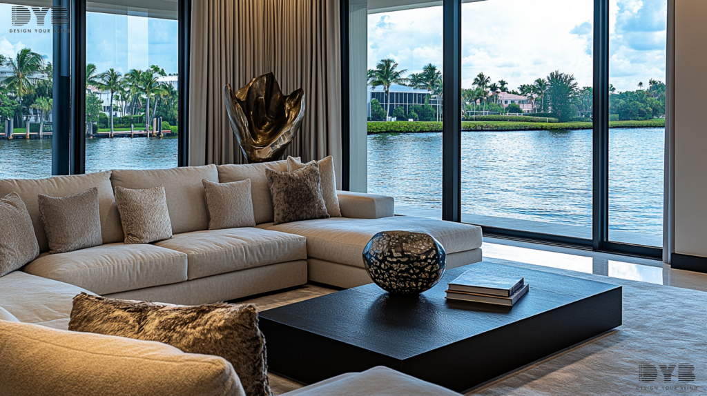 Contemporary living room in Lighthouse Point, FL, with blackout curtains, a sectional sofa, and a coffee table with a sculpture.