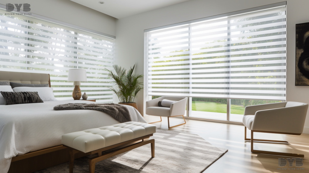 A master bedroom with Zebra Shades, creating a peaceful and relaxing sanctuary with a view of the Intercoastal Waterway.