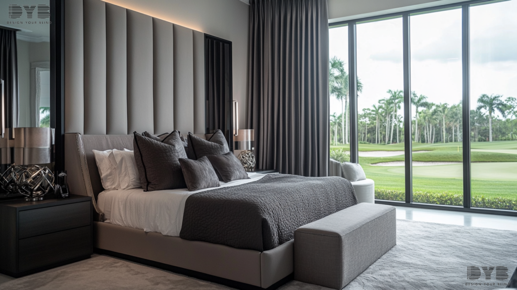 Master bedroom in Lighthouse Point, FL, with a king-sized bed, sleek nightstands, and blackout curtains, overlooking a golf course.