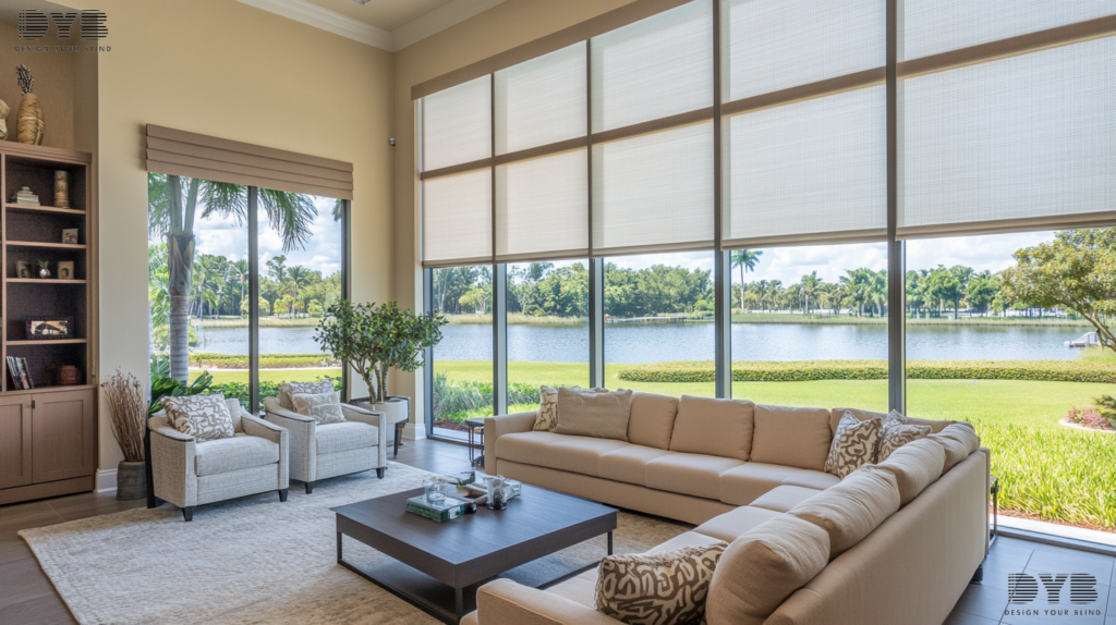 A living room in Parkland, Florida, featuring roller shades on a window overlooking a lake.