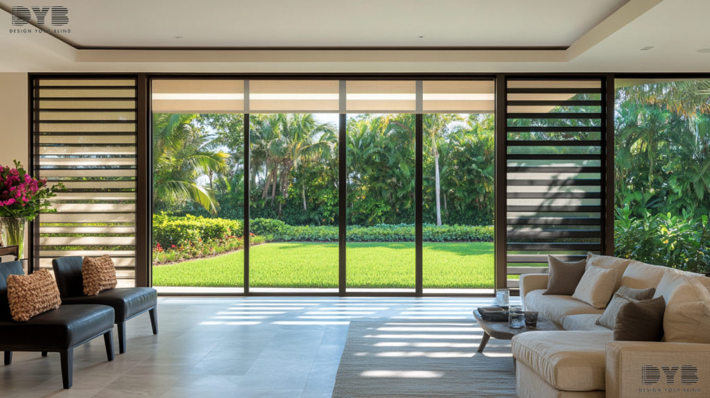 A modern living room in Palm Beach Gardens, Florida, with Zebra Shades on the windows, creating a stylish and functional space.