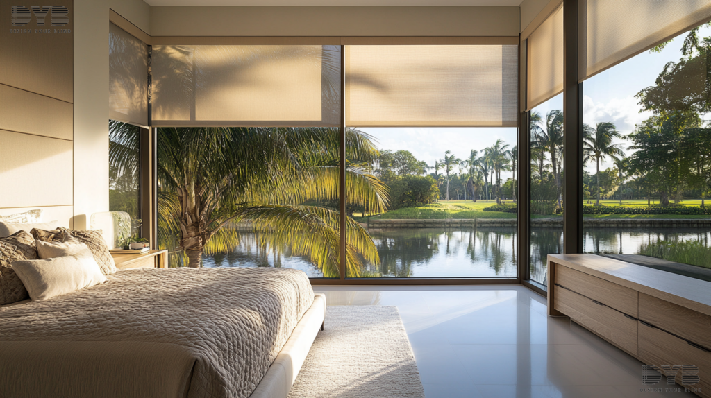 A farmhouse modern bedroom in Parkland, Florida, with roller shades on a window overlooking the canals.