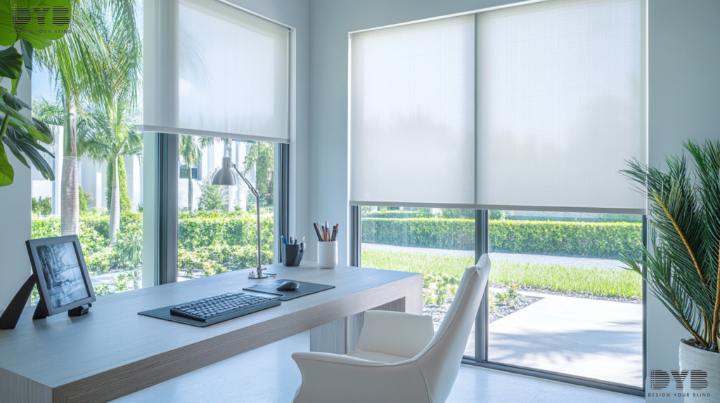 A modern home office in Parkland, Florida, with roller shades on a window overlooking the backyard.