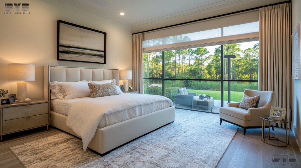 A Transitional Master Bedroom in Parkland with Roller Shades and a view of the backyard