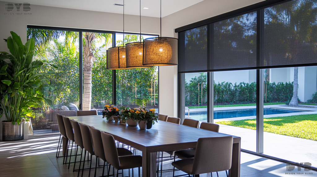 A dining room in Parkland, Florida, with roller shades on a window overlooking the Backyard with pool.