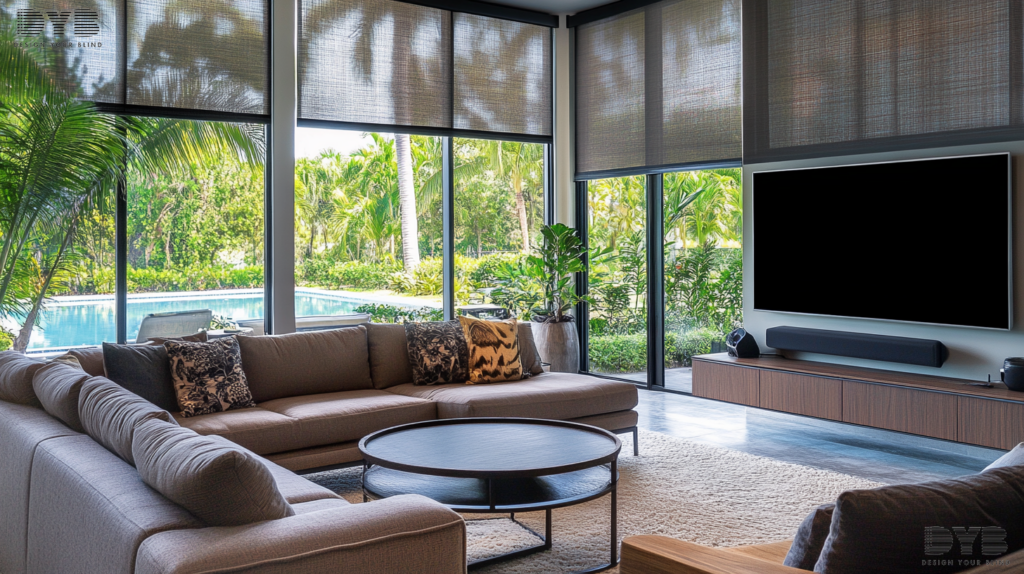 An Urban Modern living room in Parkland with a view of the Backyard with pool and Roller Shades