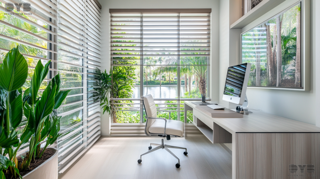 A minimalist home office with Zebra Shades, offering a perfect blend of style and functionality, overlooking a calm canal.