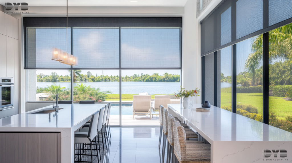 A modern kitchen in West Palm Beach featuring blackout roller shades and a stunning lake view.