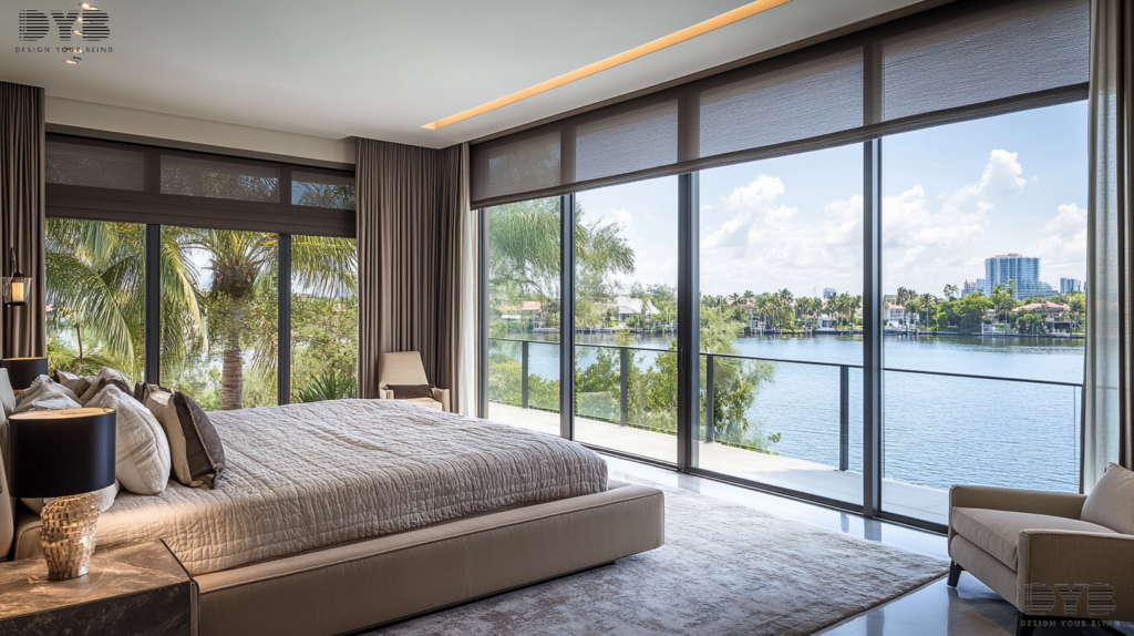 A master bedroom in West Palm Beach with blackout roller shades and a lake view, creating a serene and luxurious sanctuary.