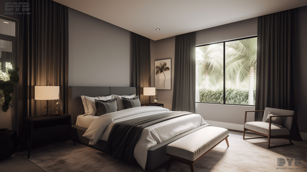 Blackout curtains in a minimalist bedroom, Boca Raton