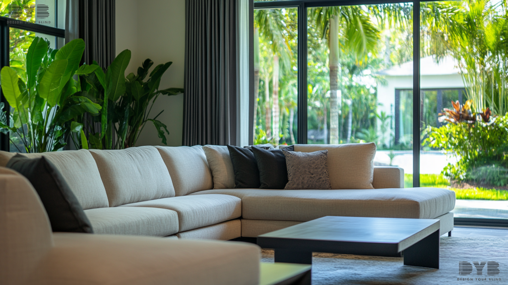Blackout curtains in a modern family room, Boca Raton