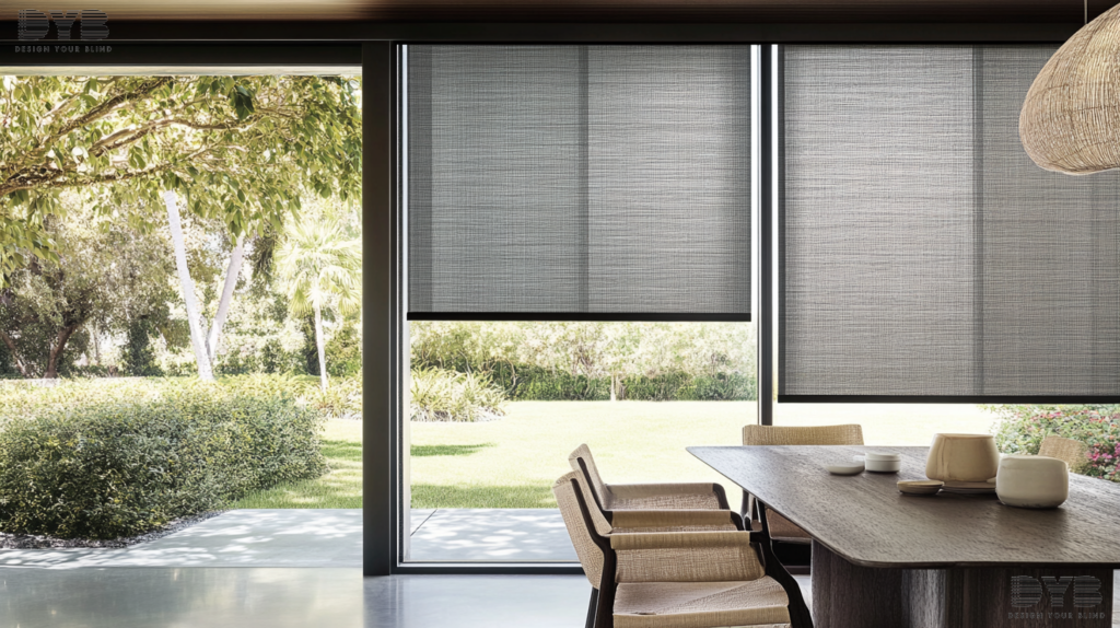 Blackout roller shades in a West Palm Beach dining room with a contemporary design, featuring a backyard view.