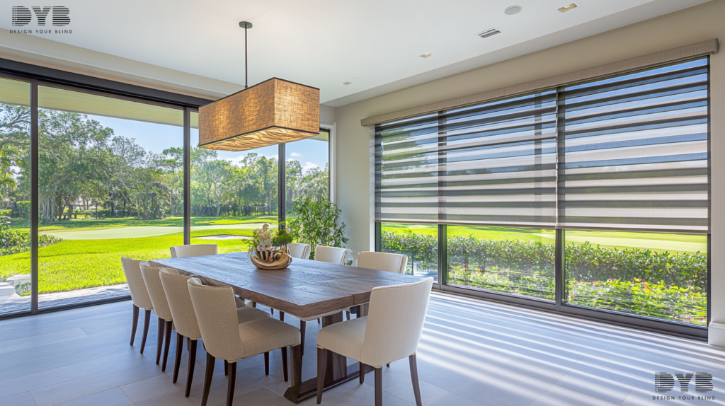 A transitional dining room with Zebra Shades on the window overlooking a golf course