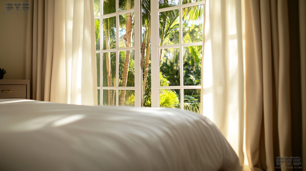 Blackout curtains in a minimalist guest bedroom, Boca Raton